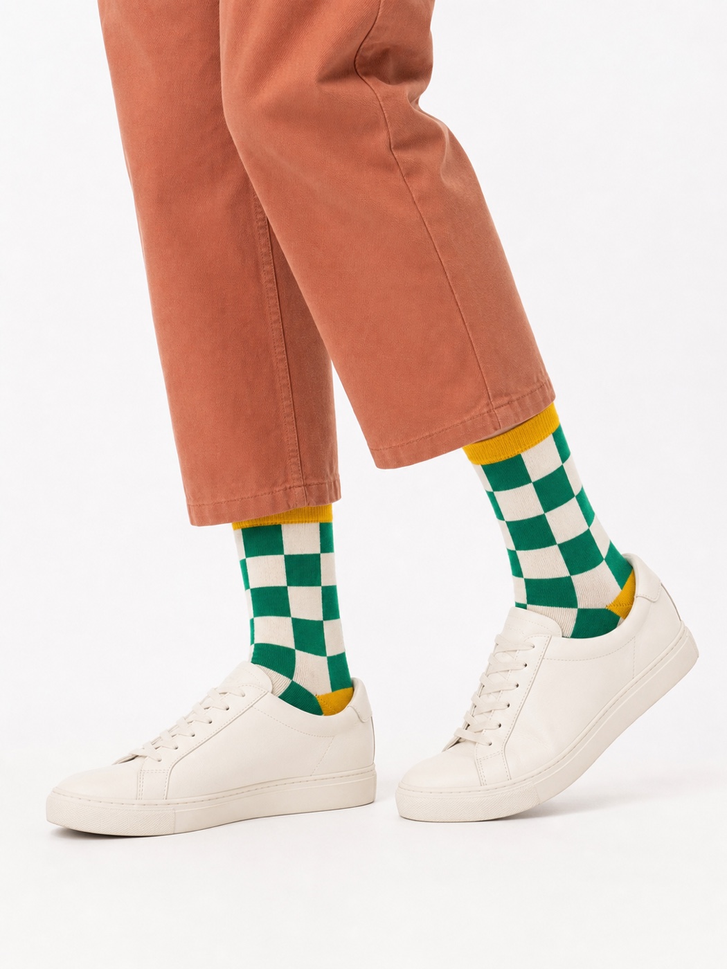 Green and cream checkerboard Nollaknit socks with golden toes