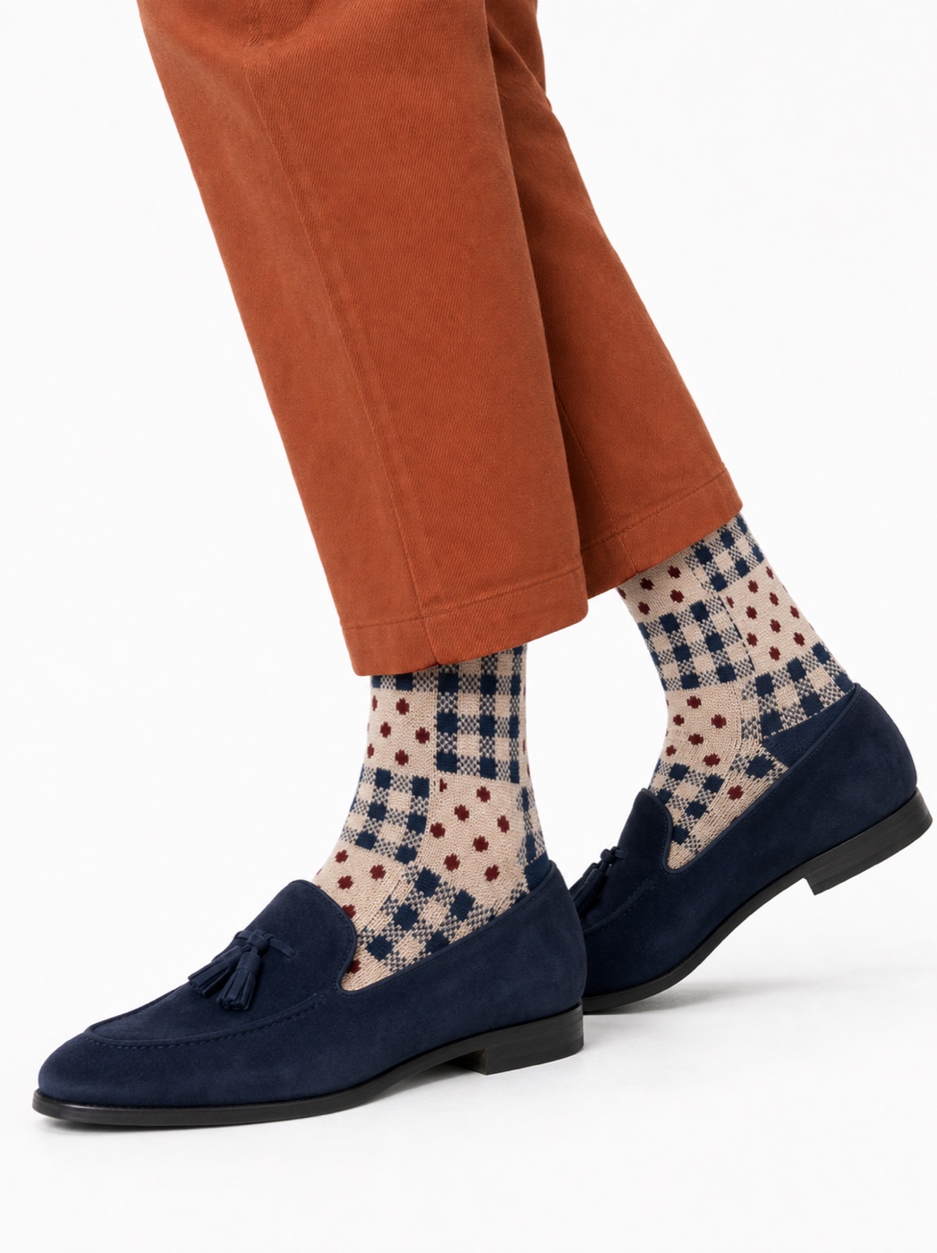Navy and cream Nollaknit socks with burgundy dots and checks