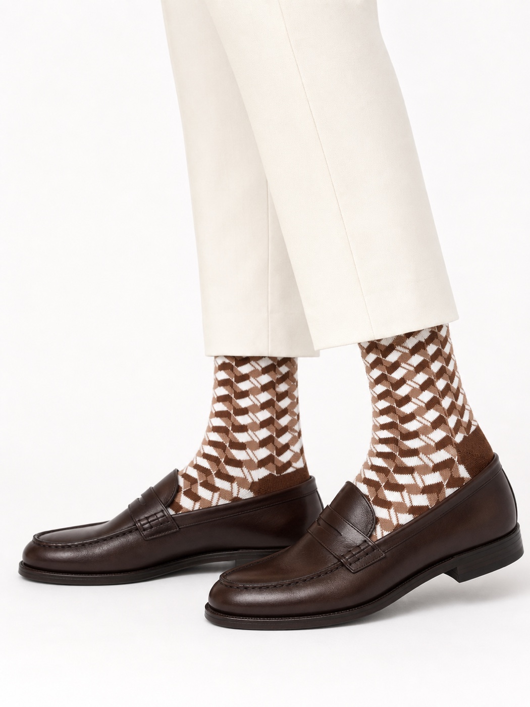 Brown and cream Nollaknit socks with a woven check pattern