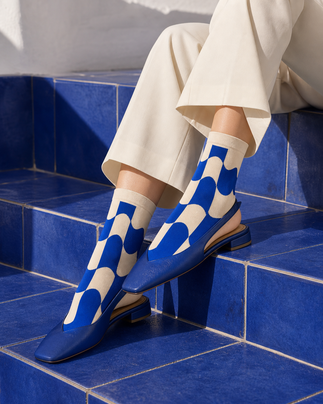 Cobalt Wave socks styled outfit 3