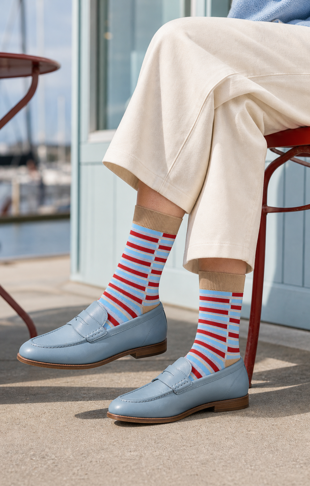 Harbor Stripe socks styled outfit 3