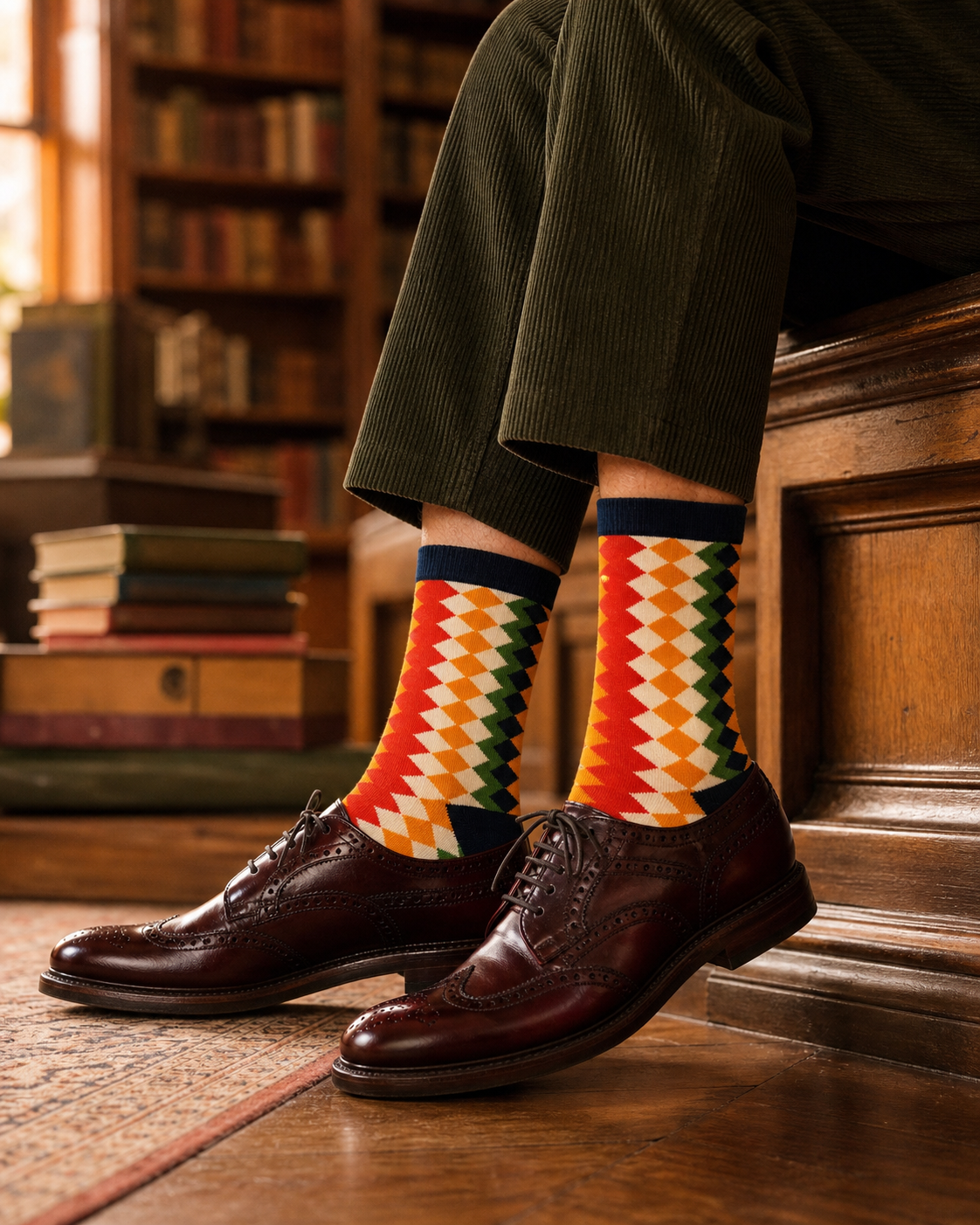 Harvest Harlequin socks styled outfit 2