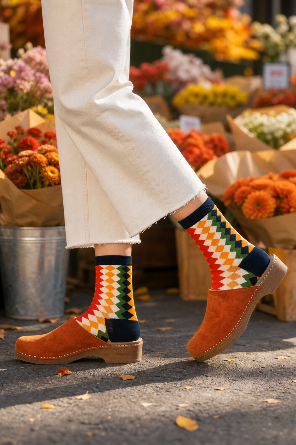 Harvest Harlequin socks styled outfit 3