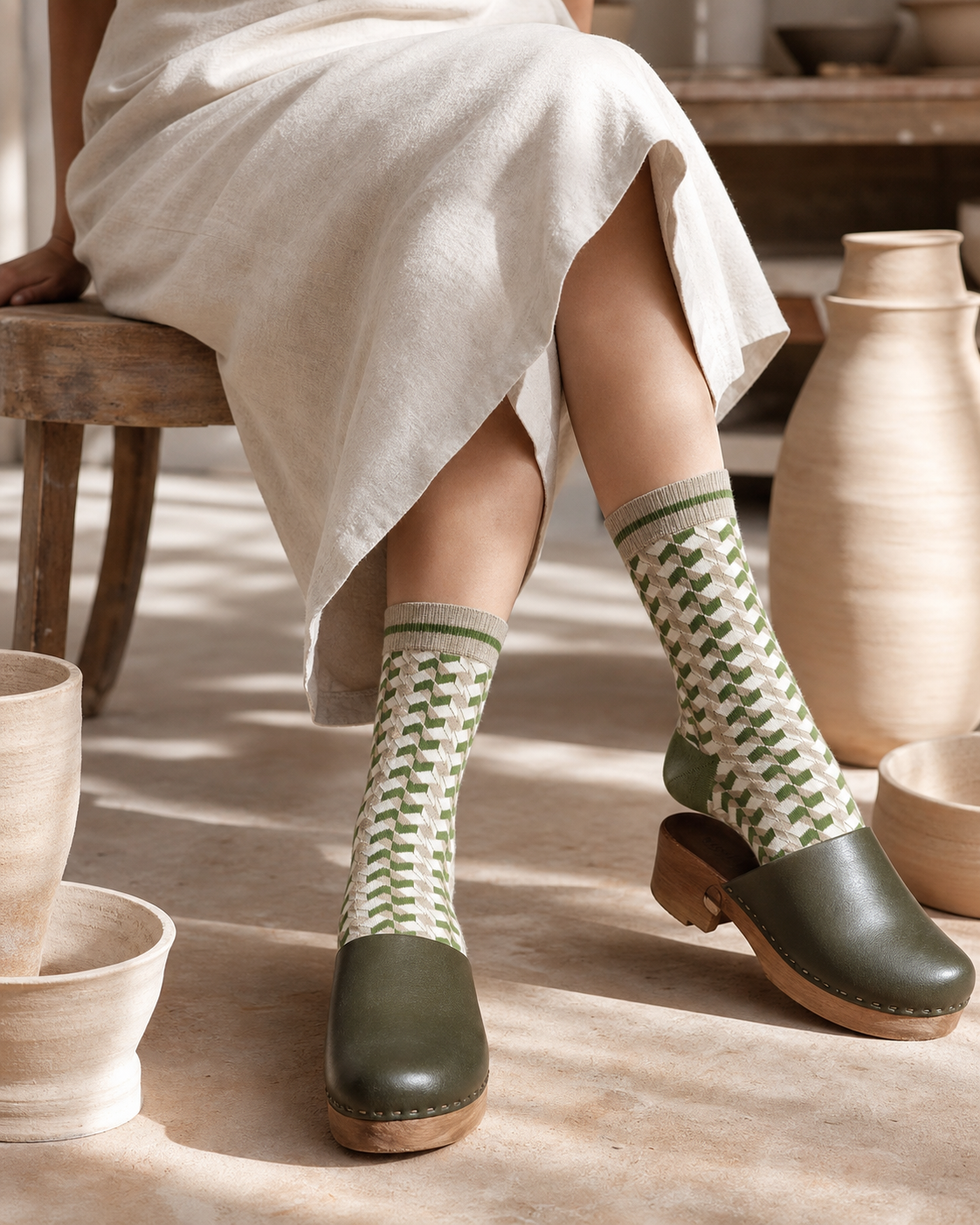 Moss Weave socks styled outfit 3