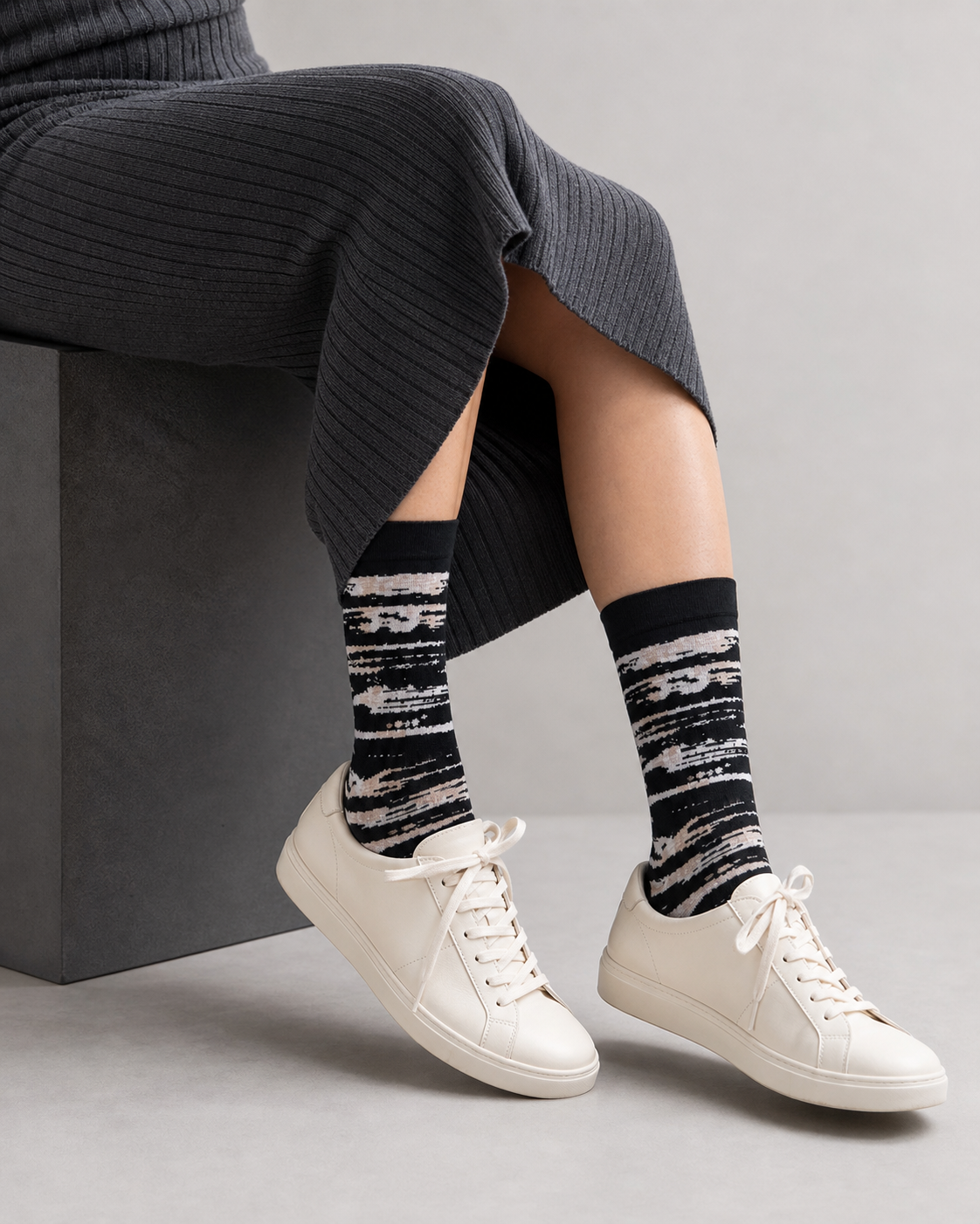 Nordic Zebra socks styled outfit 3