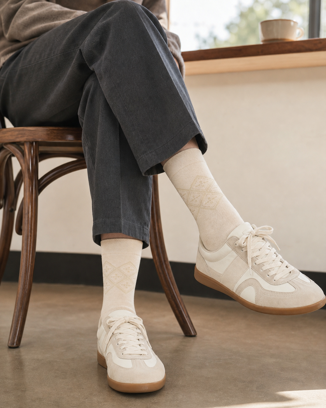 Oat Cable socks styled outfit 3