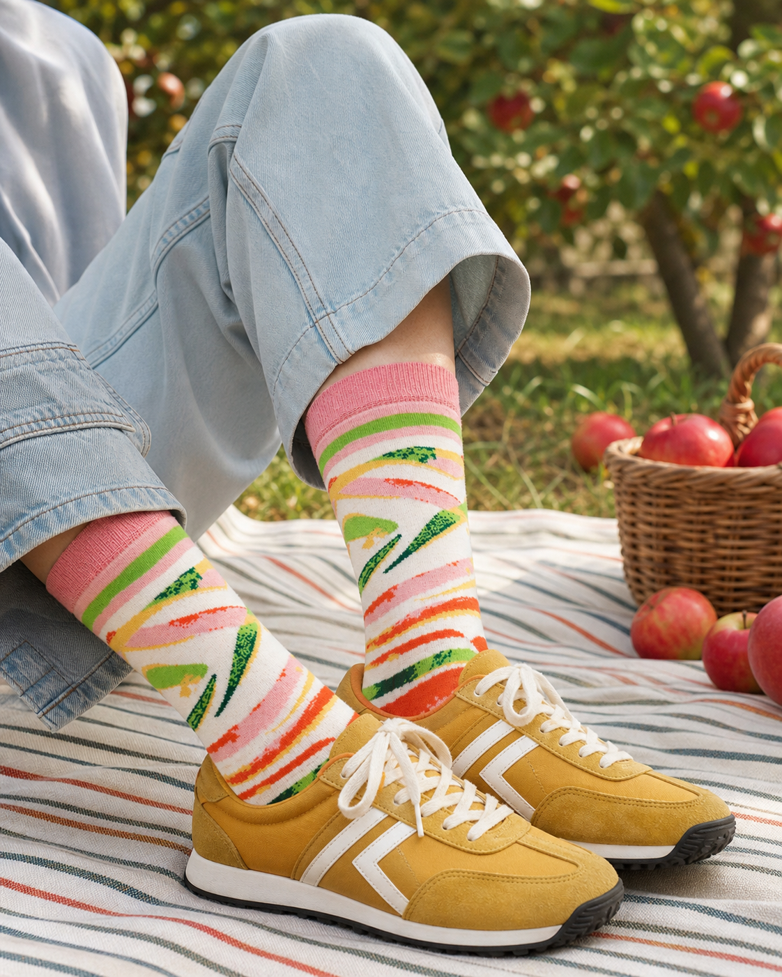 Orchard Stripe socks styled outfit 3