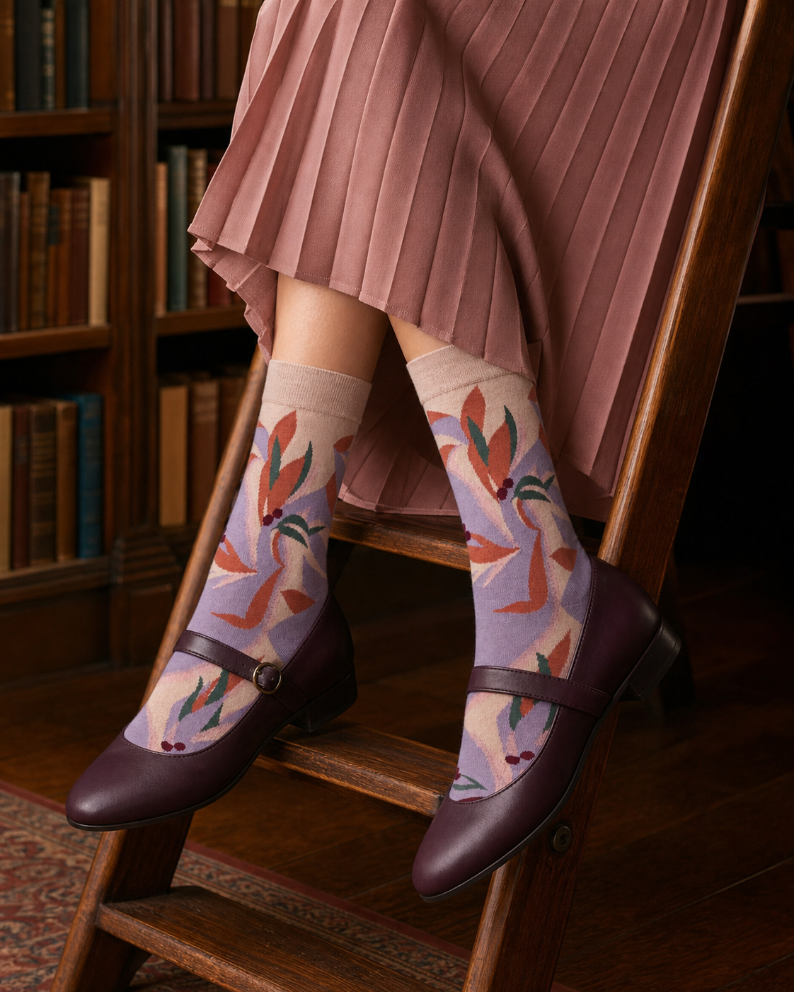Plum Birds socks styled outfit 2